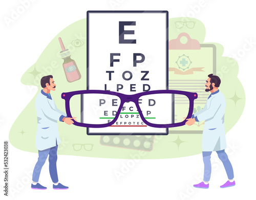 Ophthalmology concept. Eye doctors, oculists. Opticians, ophthalmologists holding eyeglasses. Eyesight examination, checkup. Eye care. Vision chart. Drops, remedy for disease treatment. Flat vector