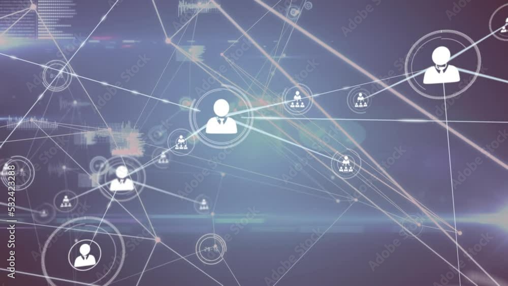 Animation of network of connetcions with icons with data processing on black background Animation of network of connetcions with icons with data processing on black background