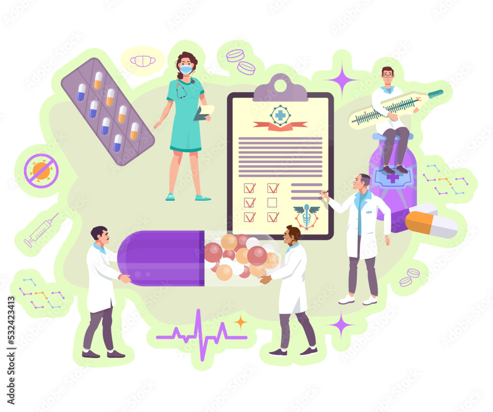 Medicine concept. Medical staff of the clinic. Painkillers, drugs, pharmacy. Doctors helping to the patients. Flat vector illustration. Medicine concept. Medical staff of the clinic. Painkillers, drugs, pharmacy. Doctors helping to the patients. Flat vector illustration.
