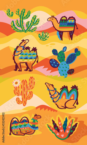 Lovely illustration of camels  desert and cactuses in tribal style. Vertical design