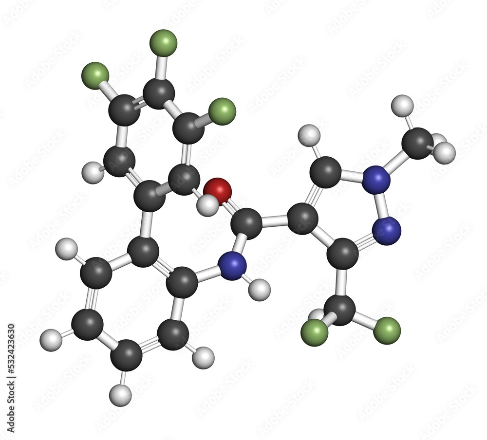 Fluxapyroxad fungicide molecule, 3D rendering.