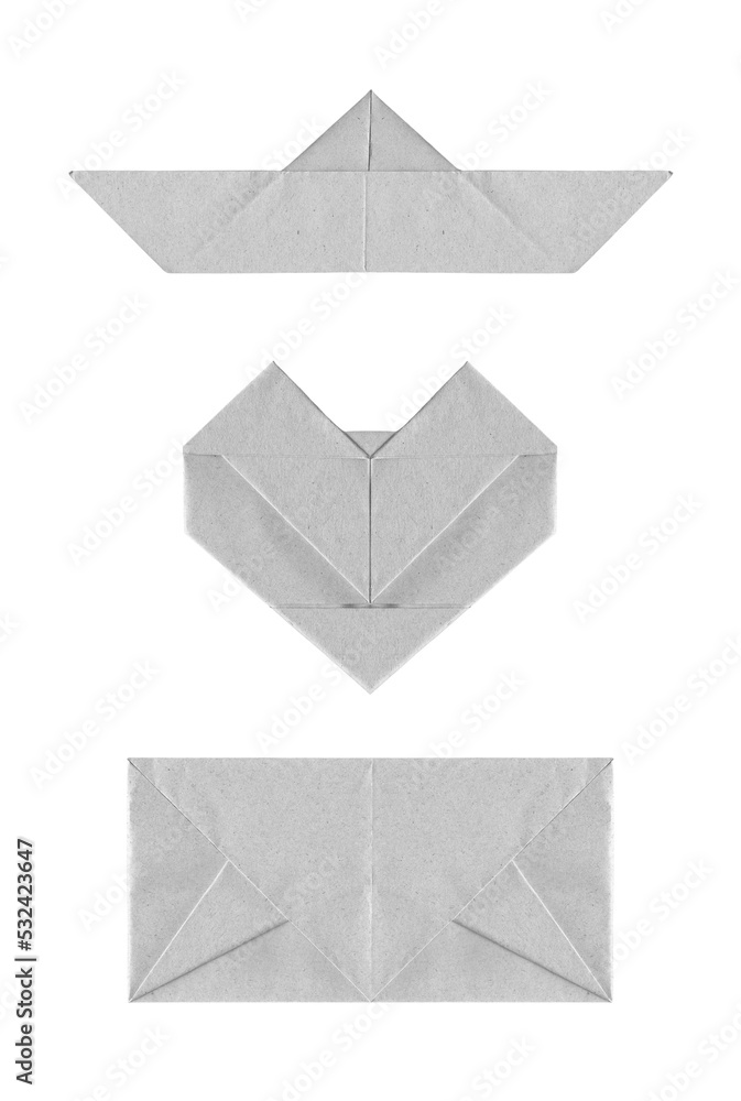 Origami boat, heart and envelope on transparent background, isolated, png file Origami boat, heart and envelope on transparent background, isolated, png file
