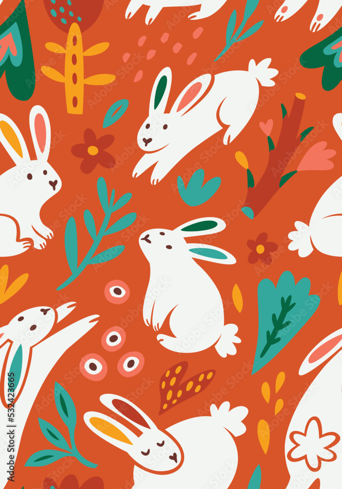 Seamless pattern with white rabbits, flowers and leaves in red colours. Vector illustration