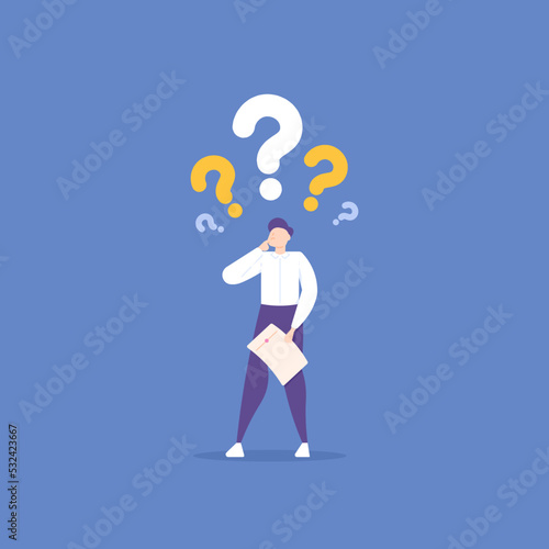 a man confused to find a job and make a decision. confused to choose an option. Uncertainty, answer to a question or solution, problem solving. concept Frequently asked questions or FAQs. support