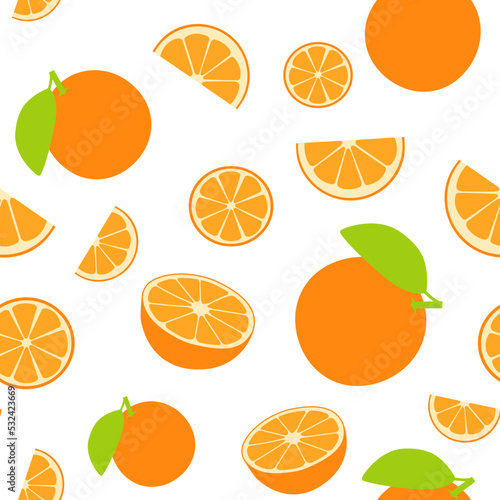 Orange fruits seamless pattern. Background in flat style isolated on white. Piece and Half of orange