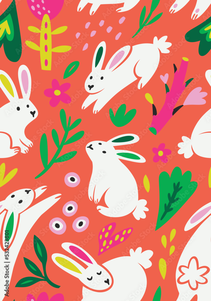 Seamless pattern with white silhouette rabbits, flowers and leaves. Vector illustration