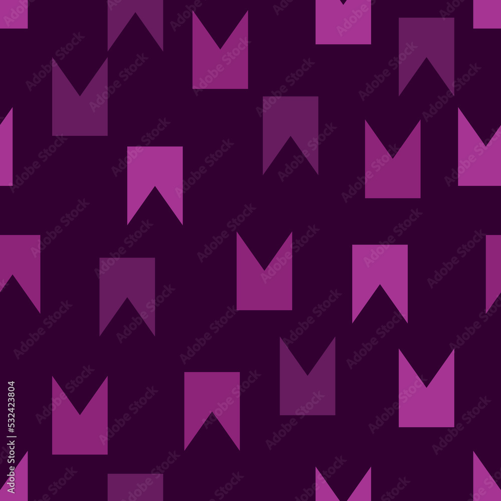 Swallowtail abstract shape seamless pattern. Geometric vector background in purple, pink, magenta colors. Trendy print for textile, fabric, wrapping. Modern simple graphic design.