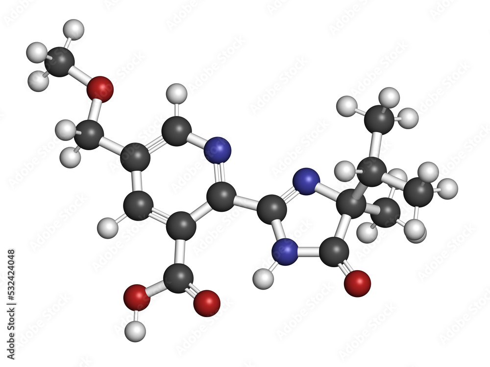Imazamox herbicide molecule, 3D rendering. Imazamox herbicide molecule, 3D rendering.