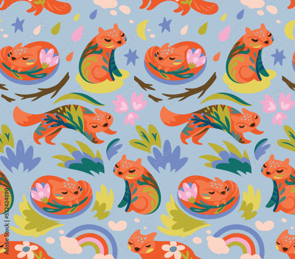 Naklejka premium Cute foxes pattern. Seamless childish background with cartoon foxes characters 