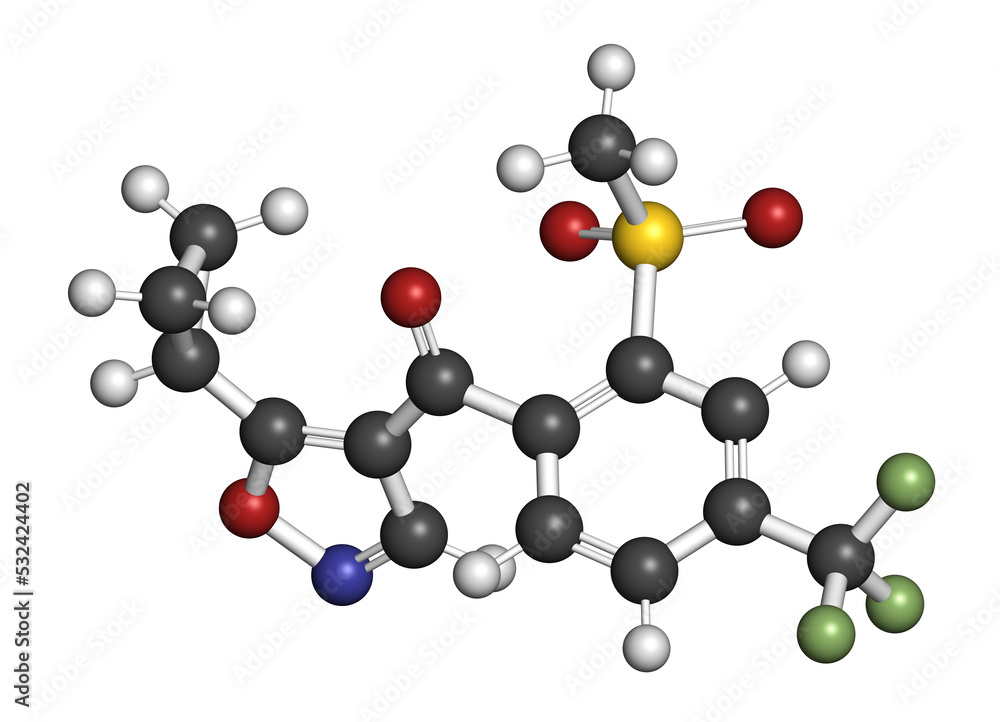 Isoxaflutole herbicide molecule, 3D rendering. Isoxaflutole herbicide molecule, 3D rendering.