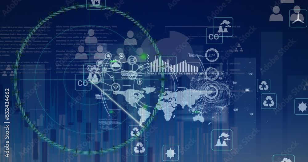 Animation of scope scanning, eco icons and data processing on blue background Animation of scope scanning, eco icons and data processing on blue background