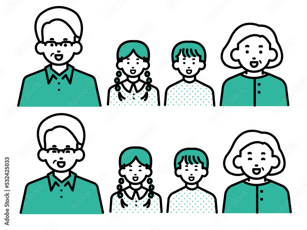 祖父母と孫のイラスト、表情近いの素材セット