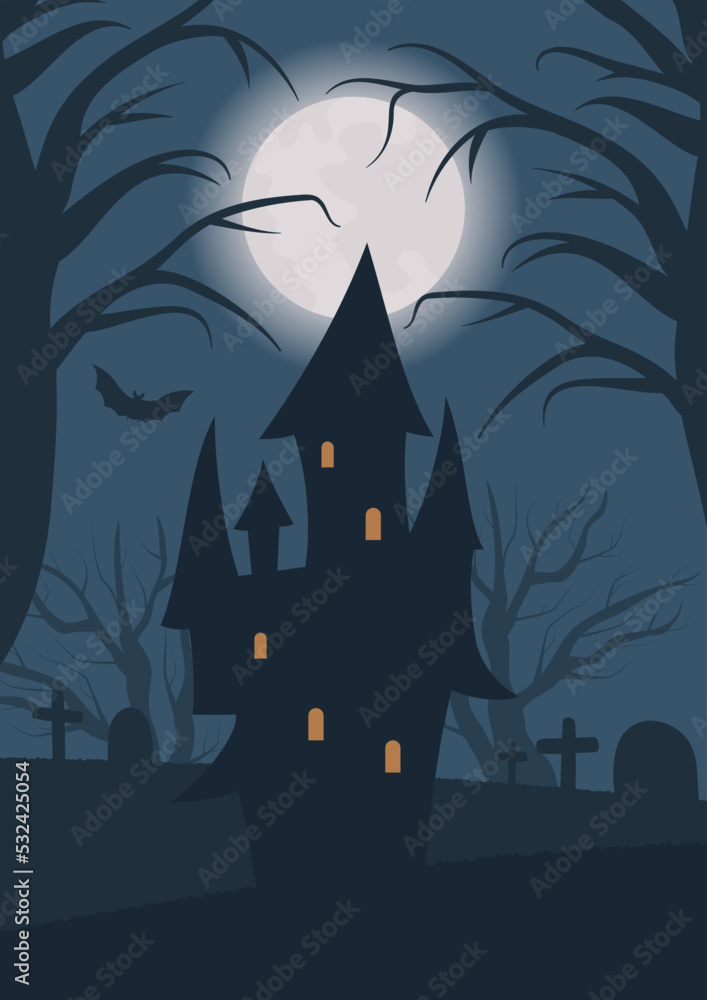 gloomy castle, graves, dry woods and full moon. scary view of halloween night