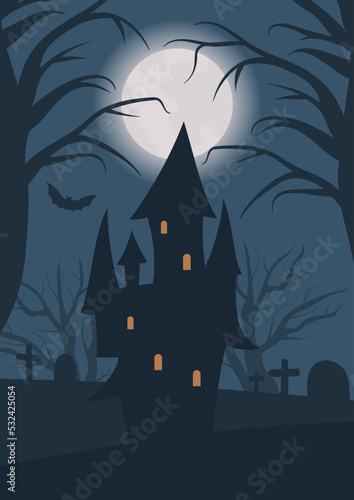 gloomy castle, graves, dry woods and full moon. scary view of halloween night