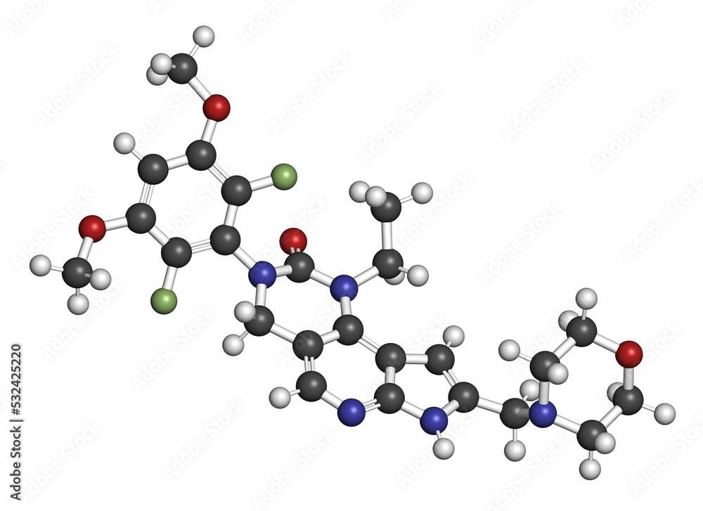 Pemigatinib cancer drug molecule 3D rendering. Atoms are represented as spheres with conventional color coding: hydrogen (white), carbon (grey), nitrogen (blue), oxygen (red), fluorine (light green). Pemigatinib cancer drug molecule 3D rendering. Atoms are represented as spheres with conventional color coding: hydrogen (white), carbon (grey), nitrogen (blue), oxygen (red), fluorine (light green).