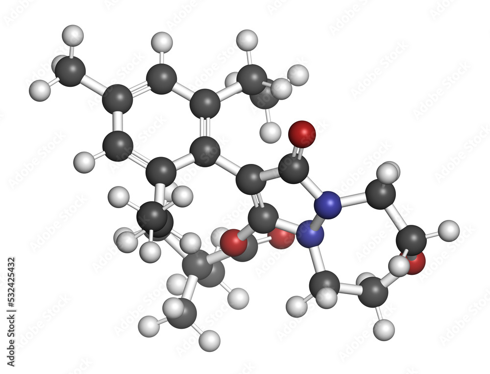 Pinoxaden herbicide molecule, 3D rendering. Pinoxaden herbicide molecule, 3D rendering.