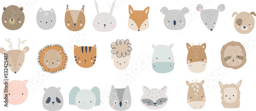 Cute illustrations of animal faces, lion, tiger, sloth, elephant, koala, llama, sheep, bear, cat, squirrel, fox, bunny, mouse
