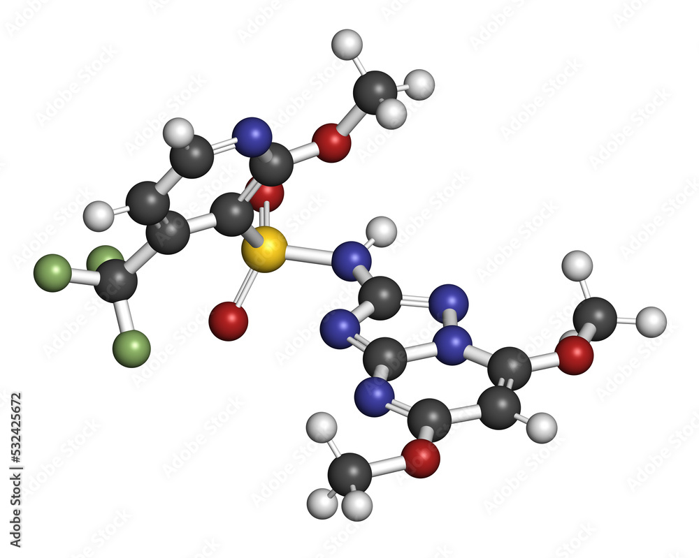 Pyroxsulam herbicide molecule, 3D rendering. Pyroxsulam herbicide molecule, 3D rendering.