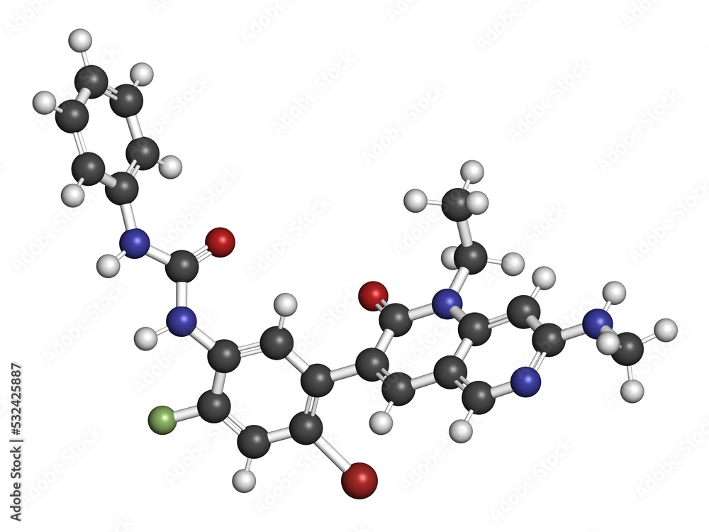 Ripretinib cancer drug molecule, 3D rendering. Ripretinib cancer drug molecule, 3D rendering.