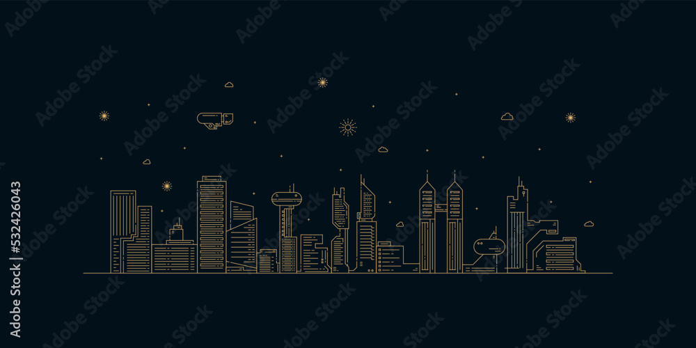 Cityscape. Modern flat line landscape vector. City landscape line art illustration with building, tower, skyscrapers. Vector illustration.