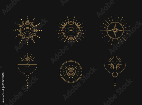 Set of moon and sun line art. Minimal boho linear symbols. Celestial mystic element. Vector line art illustration.