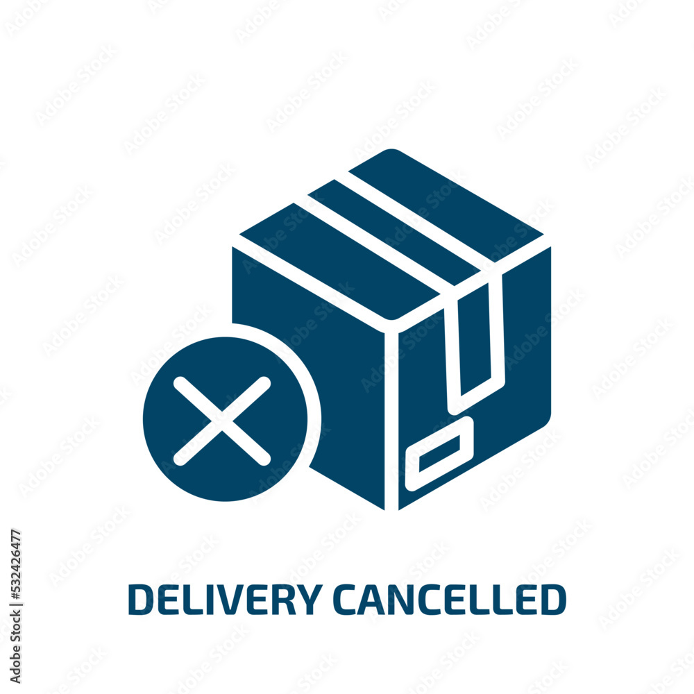delivery cancelled icon from delivery and logistic collection. Filled delivery cancelled, delivery, business glyph icons isolated on white background. Black vector delivery cancelled sign, symbol for delivery cancelled icon from delivery and logistic collection. Filled delivery cancelled, delivery, business glyph icons isolated on white background. Black vector delivery cancelled sign, symbol for