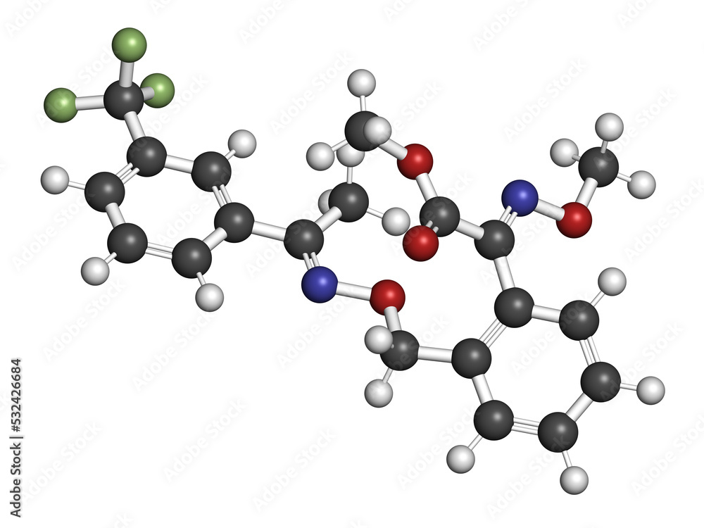 Trifloxystrobin fungicide molecule, 3D rendering. Trifloxystrobin fungicide molecule, 3D rendering.