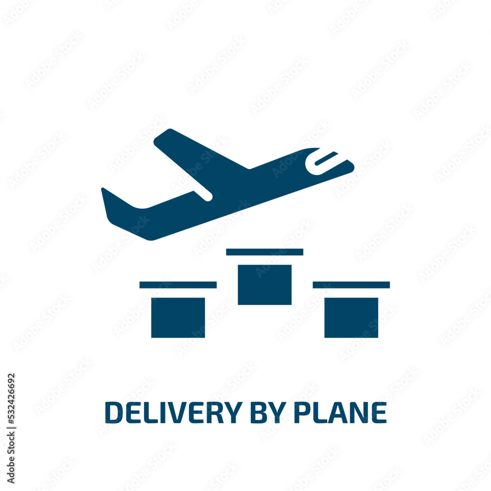 delivery by plane icon from delivery and logistic collection. Filled delivery by plane, delivery, business glyph icons isolated on white background. Black vector delivery by plane sign, symbol for web