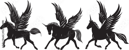 running pegasus, unicorns silhouette isolated vector