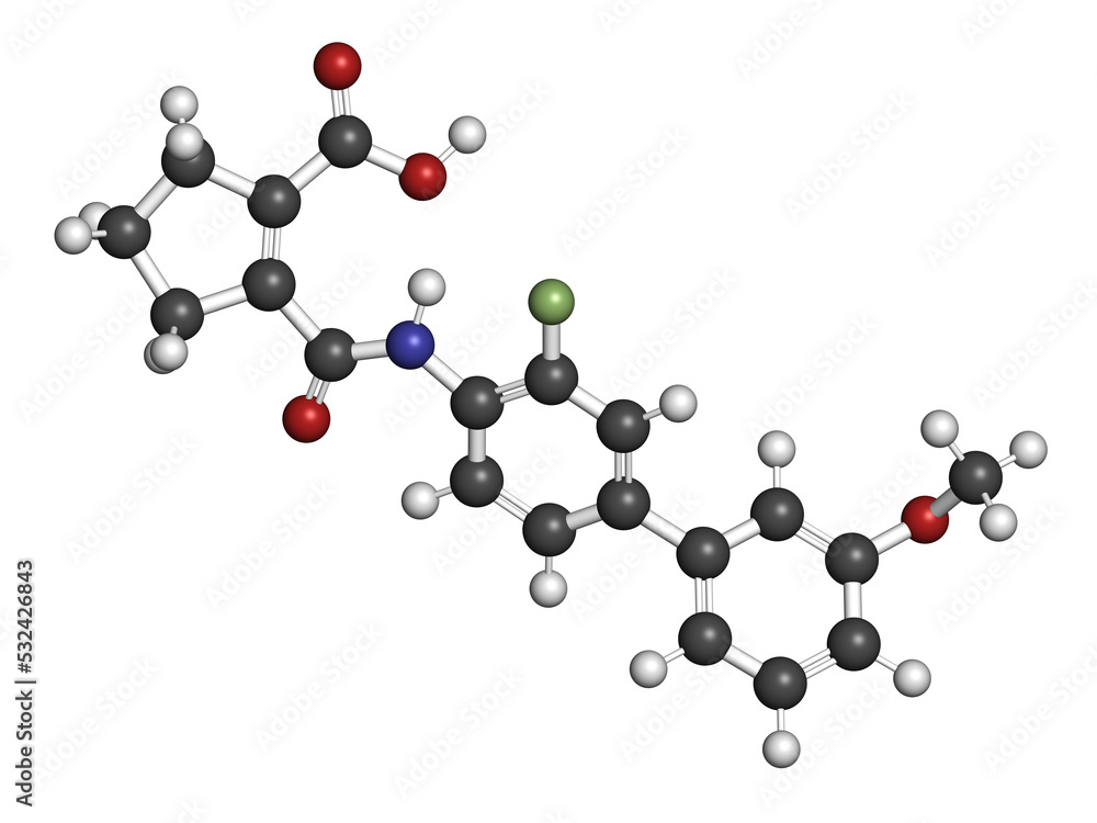 Vidofludimus drug molecule (DHODH inhibitor), 3D rendering.