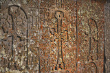 Closeup view of armenian carved khachkar with a cross