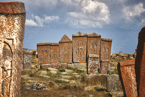 Ancient khachkars at Noratus cemetery in Armenia