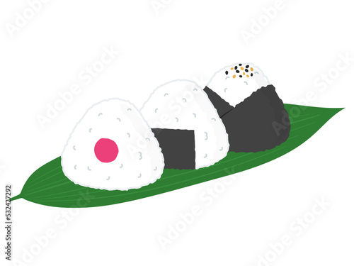 ハランに乗せた3つのおにぎり.