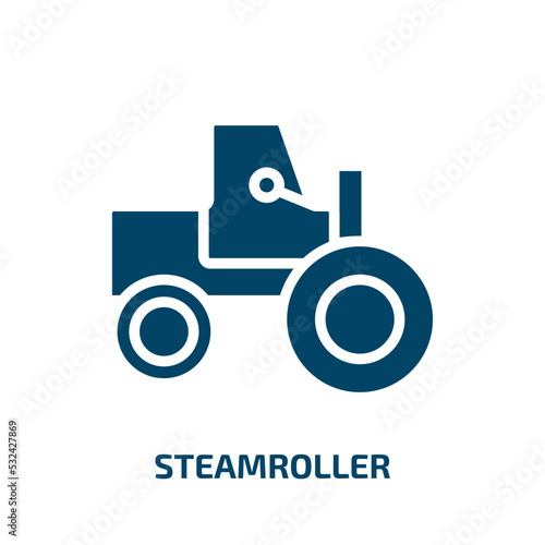steamroller icon from construction collection. Filled steamroller, vehicle, heavy glyph icons isolated on white background. Black vector steamroller sign, symbol for web design and mobile apps