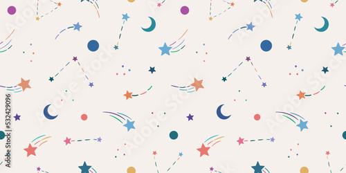 Colorful sky pattern, with stars and planets, pastel wallpaper,