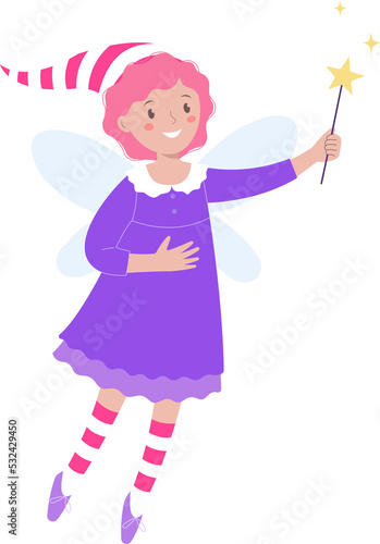 Fairy tale fairy in magnificent purpur dress with magic wand in her hand