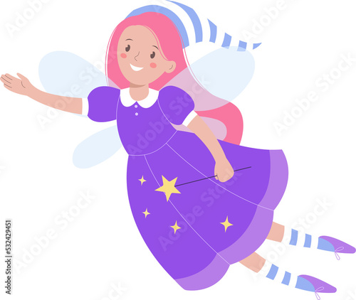 Fairy tale fairy with long pink hair with a magic wand in her hand