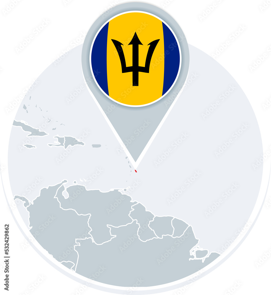Barbados Map And Flag Map Icon With Highlighted Barbados Stock