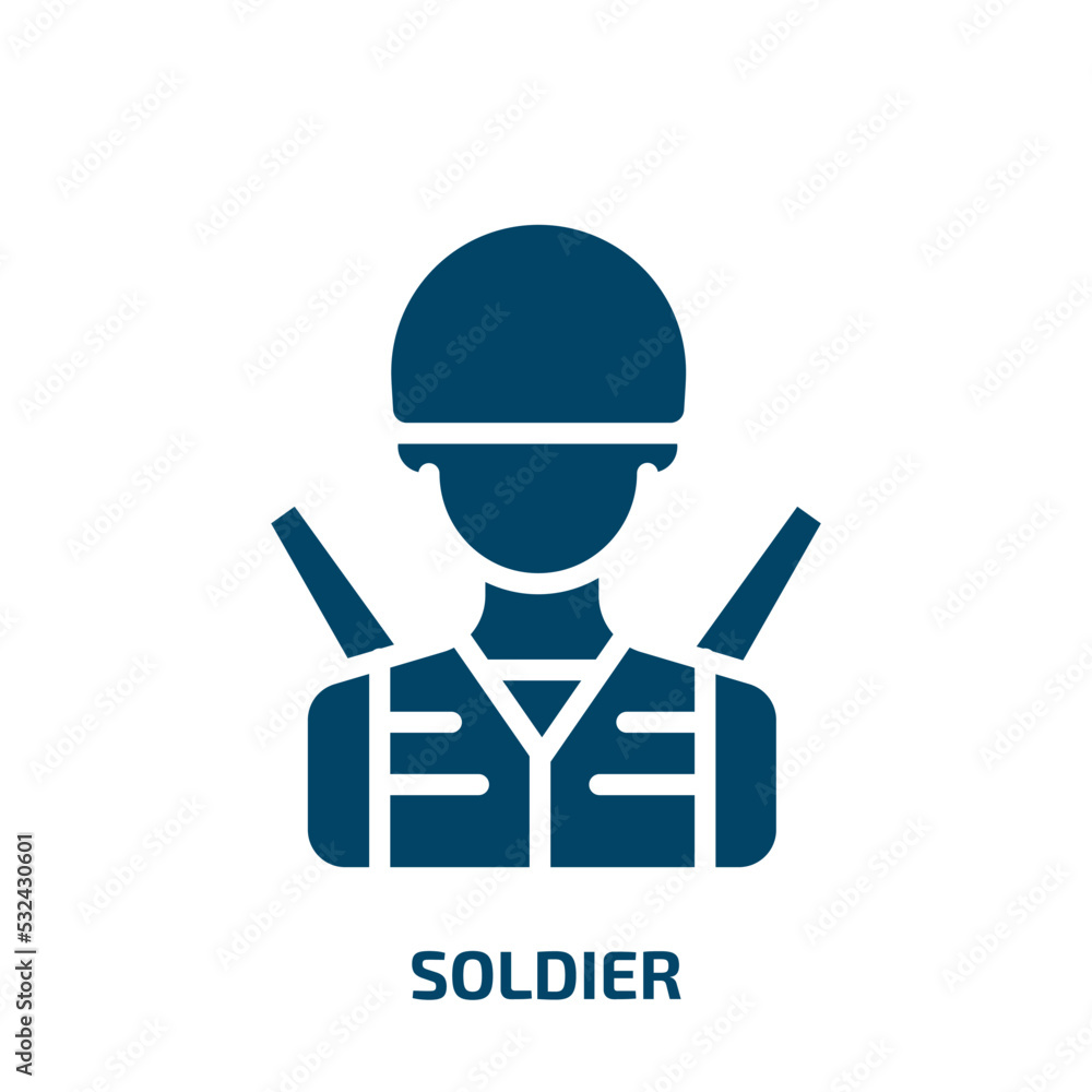 soldier icon from army and war collection. Filled soldier, military, man glyph icons isolated on white background. Black vector soldier sign, symbol for web design and mobile apps