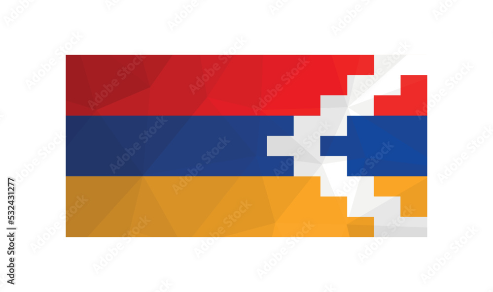 Vector illustration. National flag in red, blue, green colors. Official symbol of Artsakh (Nagorno-Karabakh Republic). Creative design in low poly style with triangular shapes Vector illustration. National flag in red, blue, green colors. Official symbol of Artsakh (Nagorno-Karabakh Republic). Creative design in low poly style with triangular shapes