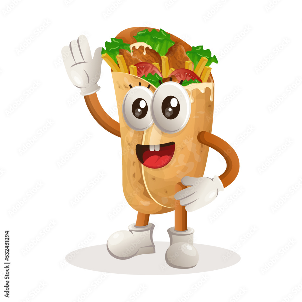 Cute burrito mascot waving hand