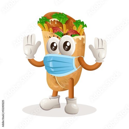 Cute burrito mascot wearing medical mask, protect from covid-19