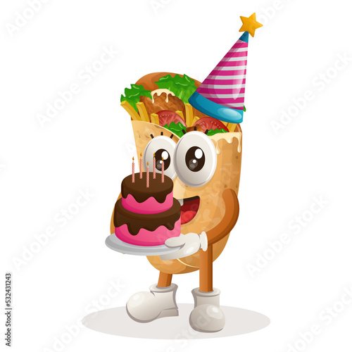 Cute burrito mascot wearing a birthday hat  holding birthday cake