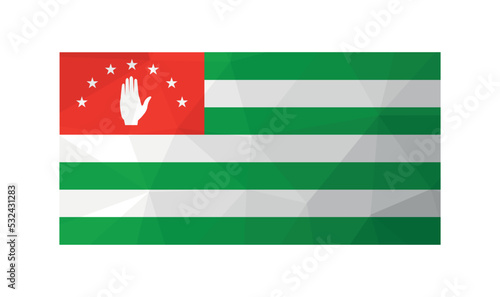 Vector illustration. Official symbol of Abkhazia. National flag with white and green stripes; open hand and five-pointed stars on red field. Low poly design