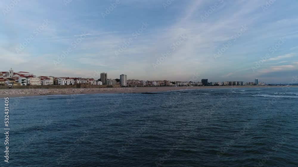 Fly Above City and Beach of Figueira da Foz, Portugal. Evening Day Fly Above City and Beach of Figueira da Foz, Portugal. Evening Day