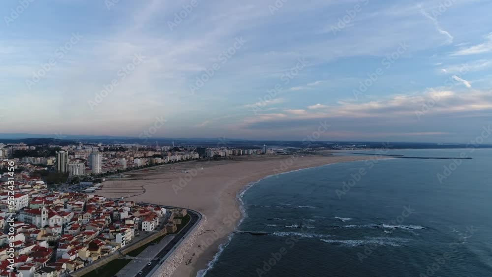 Fly Above City and Beach of Figueira da Foz, Portugal. Evening Day Fly Above City and Beach of Figueira da Foz, Portugal. Evening Day