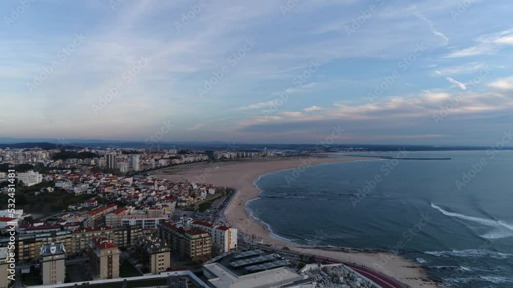 Fly Above City and Beach of Figueira da Foz, Portugal. Evening Day