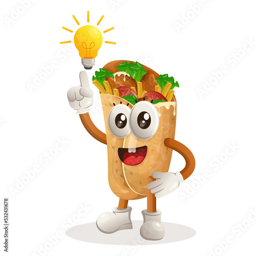 Cute burrito mascot got an idea, bulb idea, inspiration
