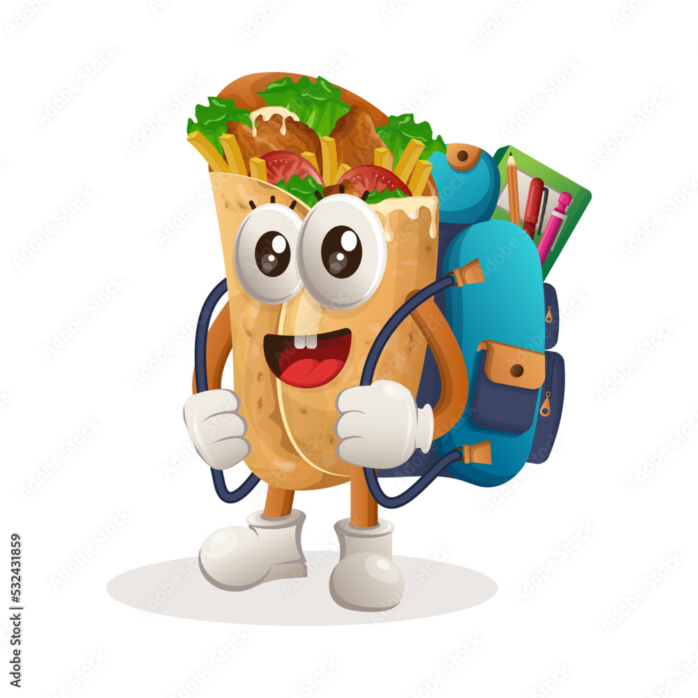 Cute burrito mascot carrying a schoolbag, backpack, back to school