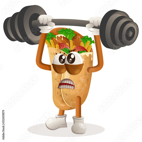 Cute burrito mascot bodybuilding with barbell